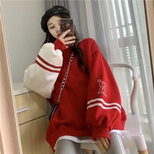 Harajuku Japan Korean Loose Tops Female Red Blue Casual Green Loose Sweatshirt Spring Long Sleeve Hoodie Girls Hoodie Streetwear