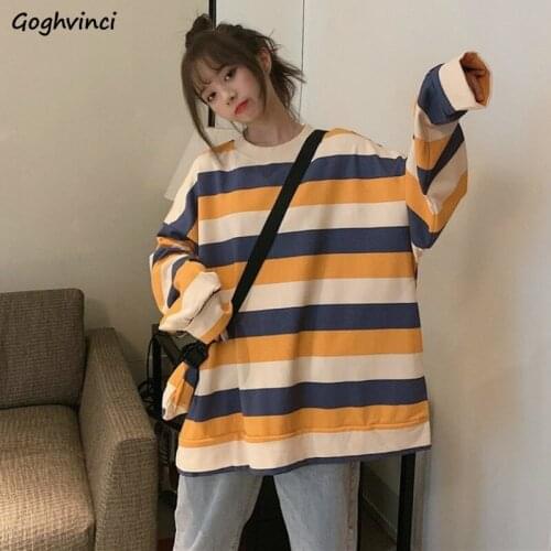 No Hat Hoodies Women BF Retro Panelled Striped Preppy Plus Velvet Thicker O-neck Sweatshirt Ulzzang Student All-match Ins Couple