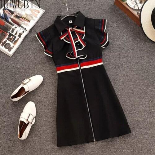 Summer New Womens Retro T-Stage Designer Bow tie Sleeveless Ruffle Knitting Stripe Zipper Waist Slim Fashion Miniskirt Dress