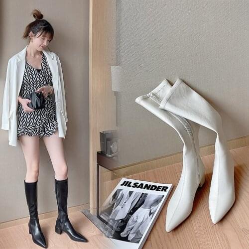 Spring Autumn Western Boots Women Knee High Cowboy Boots Genuine Leather Pointed Toe Sewing Shoes Female High Heels Thick Shoes