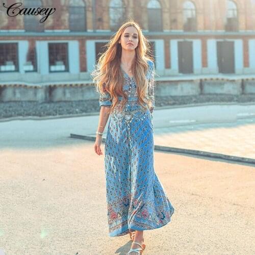 Cross border flower girl dresses for women 2019 spring summer plus size maxi robe sexy long casual bohemian beach blue dress