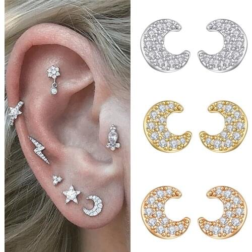 Fashion 18K Gold Filled Cubic Zircon Moon Stud Earrings For Women Korean CZ Minimalist Earrings Jewelry Accessories