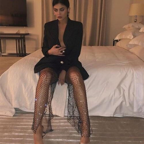 BKLD Women Summer Beach Hollow Out Mesh Pants See Through Wide Leg Pant Sexy Bodycon Party Diamonds Pants Trousers Clubwear