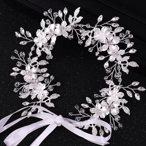 Flower Leaf Headbands with Ribbon Pearls Rhinestone Tiaras and Crowns Women Girls Hairbands Headpieces Bridal Wedding Headdress