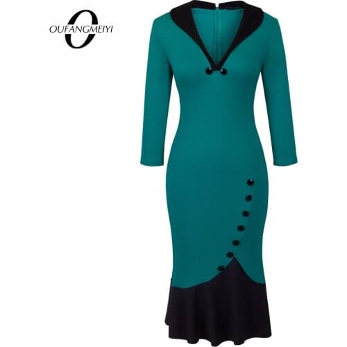 Women Retro Buttons Patchwork Bodycon V Neck Business Party Pencil Wiggle Dress EB27