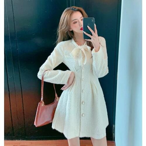 Women Small Fragrant Bow Neck Long Sleeve Single-Breasted Slim Short Dress Party Vestidos