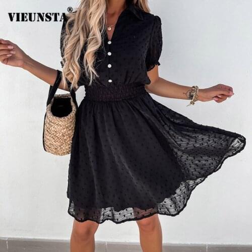 Black Sexy V Neck Button Mesh Party Dress Women Polka Dot Print Loose Mini Dress Spring Summer Short Sleeve Office Lady Dresses