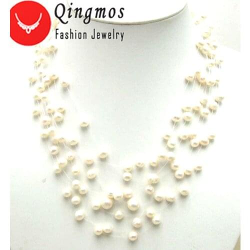 Qingmos White Pearl Necklace for Women with 6mm Round Natural Freshwater 8 Strands Starriness Pearl 18" Chokers Necklace ne5058