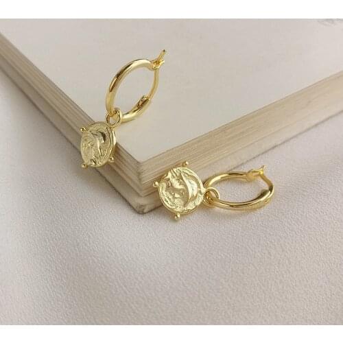 18K Gold real. 925 Sterling silver Portrait Coin Hoop Huggie Earrings Charms Original Jewelry tlE1141