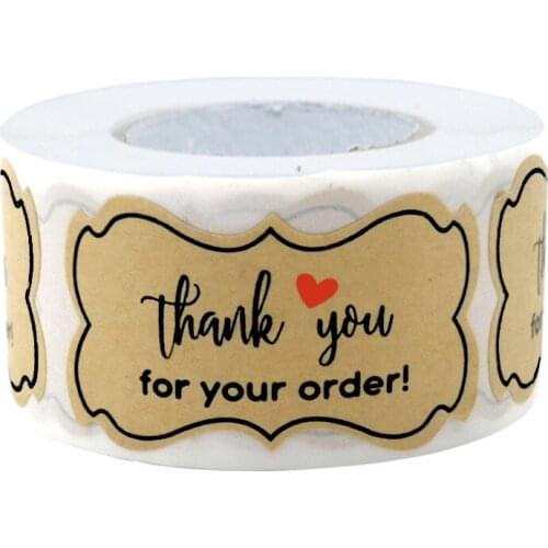 250 sheets / roll natural kraft paper thank you sticker black ink seal label handmade, with loving stationery stickers