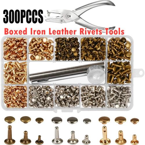 300 Sets Boxed Iron Leather Rivets Double Cap Rivets With 3 Fixing Tools Paper Punch Pliers For DIY Craft Repair Decoration