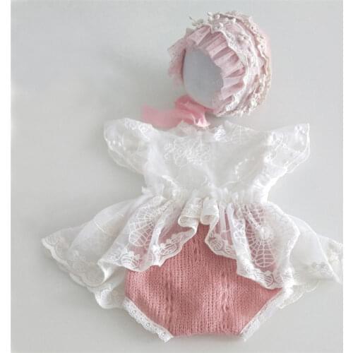 Newborn Photography Props Newborn Hat Lace Romper Bodysuits Outfit Baby Girl Dress Photo Costume