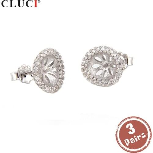 CLUCI 3 Pairs wholesale 925 Sterling Silver Earrings for Women Zircon Pearl Earrings Mounting Stud Earrings SE018SB