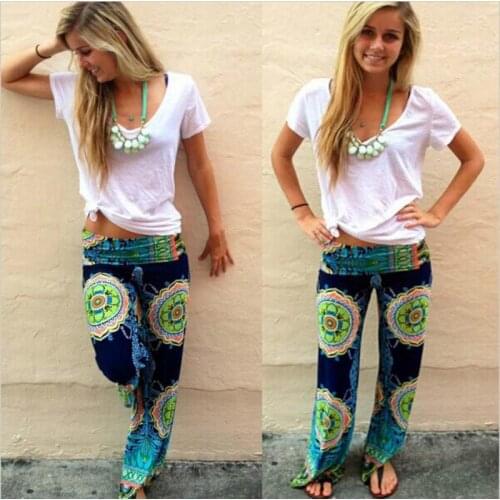Floral Casual Wide Leg Long Harem Pants High Waist Loose Elastic Waist Palazzo Trousers Plus Size New Beach Pants