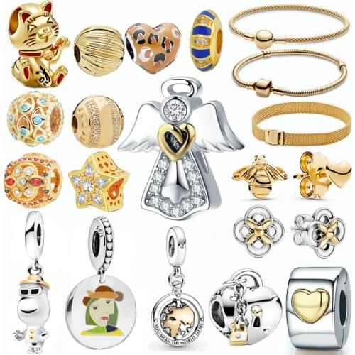 925 Sterling Silver Beads 14k Gold Two-Tone Angel Wings Dangle Charms Collection Fit Pandora Bracelets Women DIY Jewelry Gift