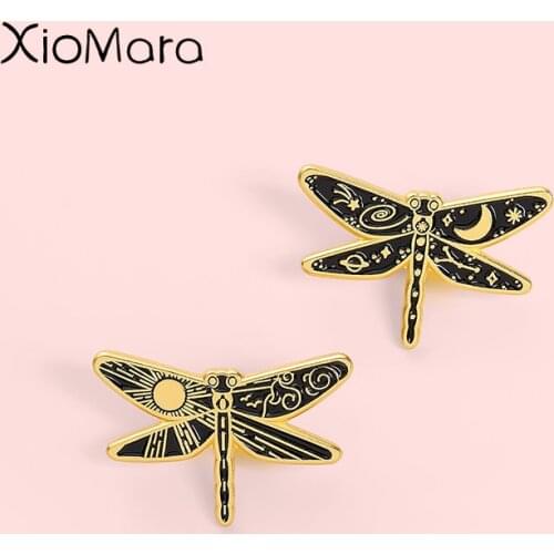 Sun Moon Pattern Dragonfly Enamel Pins Gothic Insect Brooches Badges For Women Men Clothes Bag Pins Jewelry Gift for Friends