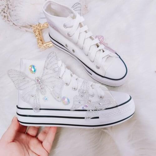 Handmade stars inlaid diamond butterfly high-top soft girl platform canvas shoes super flash fairy lace
