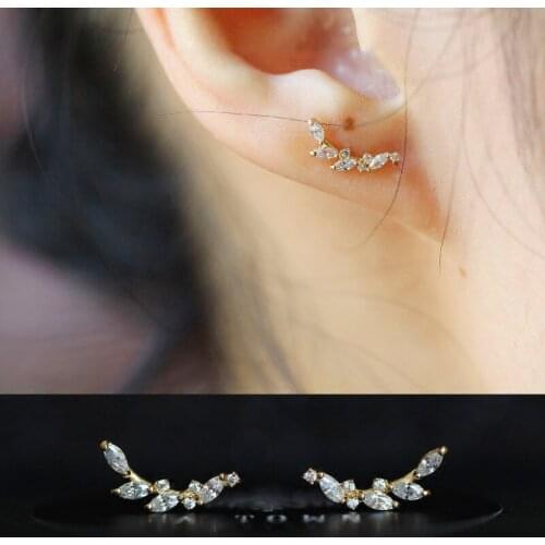 Dainty Female Leaf Crystal Stud Earrings 100% Sterling Silver Small Earrings Charm Bridal Zircon Stone Wedding Earrings For Wome