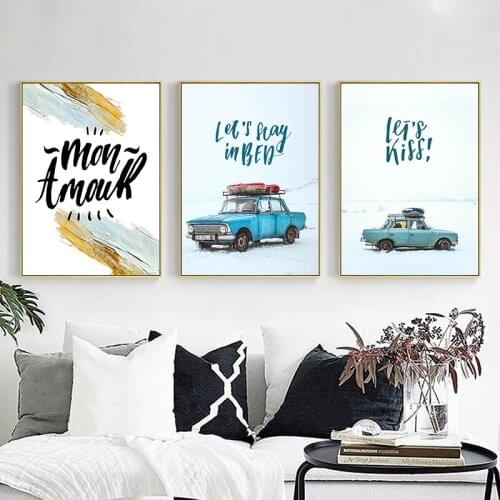 Nordic Modern Blue Car Canvas Painting Picture and Print Poster for Living Room Wall Art Letter Decoration Bedroom Home Decor