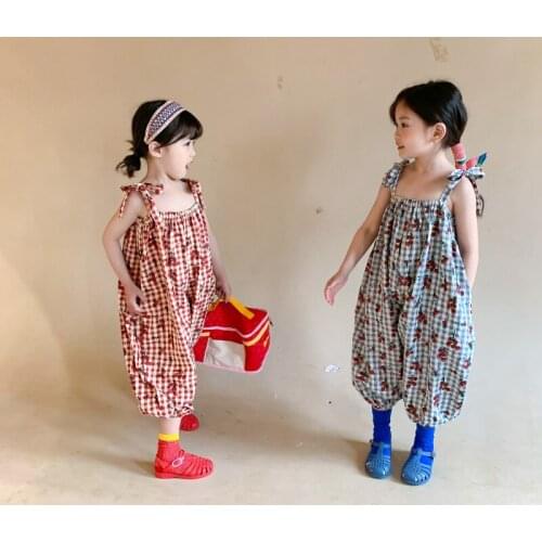 Baby Girls Overalls Summer New Kids Fashion Plaid Print Jumpsuits Korean Casual Loose Bloomers Pants for Children Baby One-piece