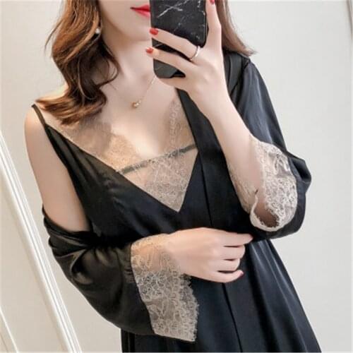 Evening Wear Sleep Set Faux Silk Robe Femme Lingerie Women Sexy Lace Kimono Negligee Gown Satin Solid Wedding Sleepwear Womens