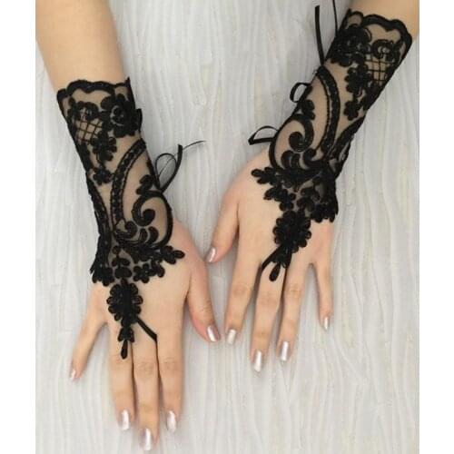 Short Wedding Gloves Ivory White Black Bridal Gloves Girl Party Fingerless Lace Glove Ladies Flower Guantes Wedding Accessories