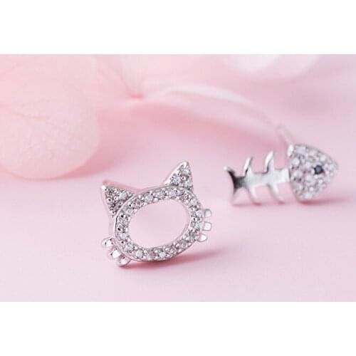 Cat fish bone mini cz asymmetric earrings 100% 925 Sterling silver Jewelry fashion Hypoallergenic Stud earrings for girl gift