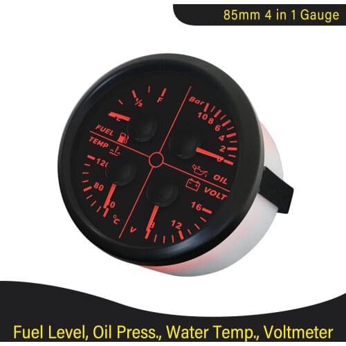 85mm 4 in 1 Multi-function Gauge 0-80Psi Oil Pressure Water Temp 120-240℉ Fuel Level 0-190ohm 240-33ohm Voltmeter with Backlight