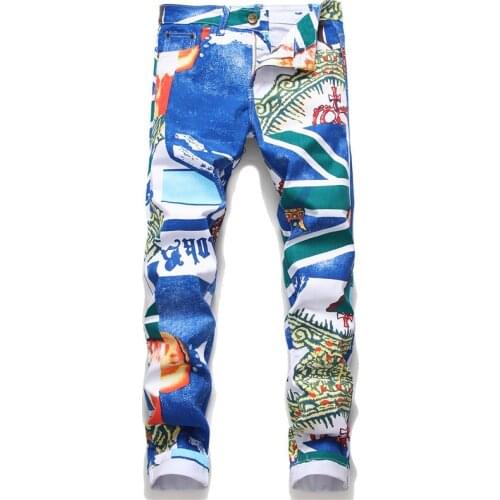 2021 Mens fashion blue printed jeans Slim fit straight stretch pants Leisure simple and comfortable Versatile