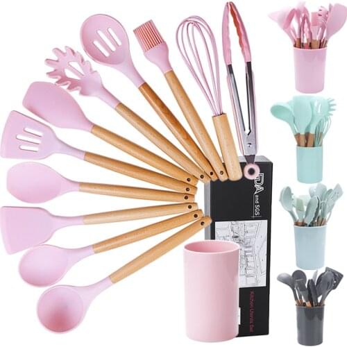 Silicone Kitchenware Cooking Utensils Non stick Cookware Spatula Shovel Egg Beaters Wooden Handle Kitchen Cooking Tool
