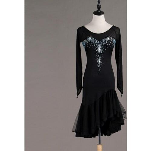Latin Dance Dresses Longs sleeve Shoulder Mesh Black Mesh Tango Samba Dancer Black/Pink/Red Dress