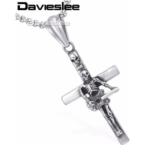 Davieslee Gothic Mens Chain Guitar Skull Cross Pendant Necklace 316L Stainless Steel Box Link Silver Color LHP549