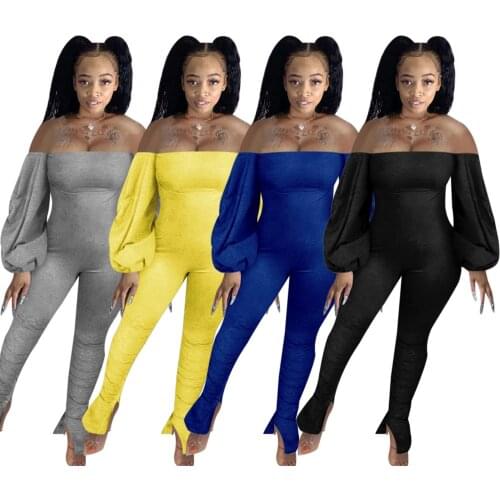 Sexy women off-Shoulder Pleated Bubble Sleeves Micro Horn Pleated Pants lady slim fit pants plus size black blue gray yellow