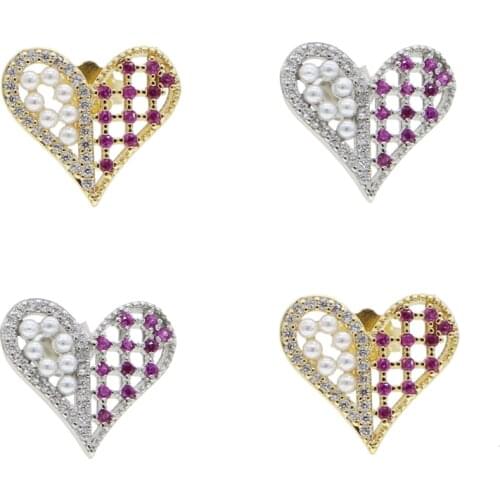 High quality fashion women girl jewelry classic new cz pearl stone paved red heart stud earring