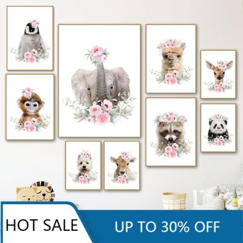 Elephant Panda Monkey Llama Raccoon Penguin Dog Nordic Wall Art Canvas Painting Posters Prints Wall Decor Kids Room Decor
