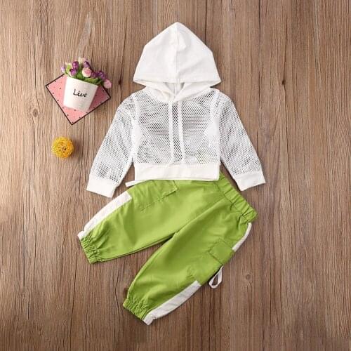 Toddler Kids Baby Girls Outfit 2PCS ,Sweatsuit Mesh Hooded Sweatshirt Tops Long Striped Pants Tracksuit 2Pcs Outfits Set 1-6Y