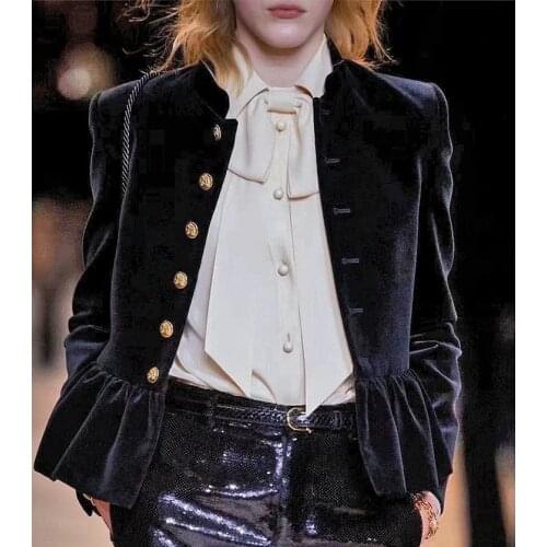 Vintage Chic Black Velvet Peplum Jacket Golden Embossed Single Breasted Ruffle Stand Collar Tailored Fit Velour Cotton Outerwear