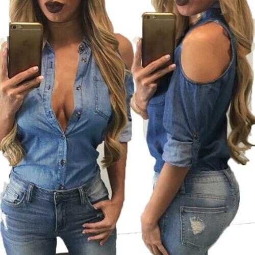 Fashion Elegant Vintage Women Casual Blue Jean Soft Denim Blouse Long Sleeve Shirt Crop Top Loose Strapless Blusas Chemise Femme
