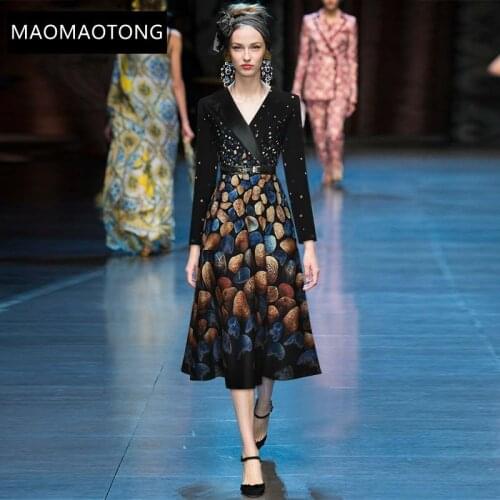 Womens Clothing Womens Clothing Fashion Designer Dress Spring Womens Dress V-neck Vintage Print Midi Dresses