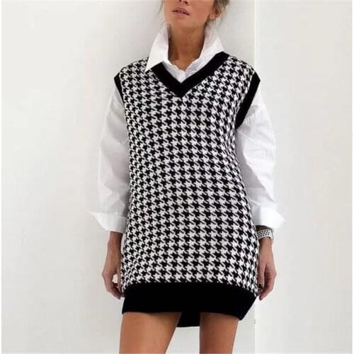 Vintage V Neck Houndstooth Vest Sweater Women Loose Sleeveless Knitted Jumper Korean Fashion Pullover Autumn Winter Oversized
