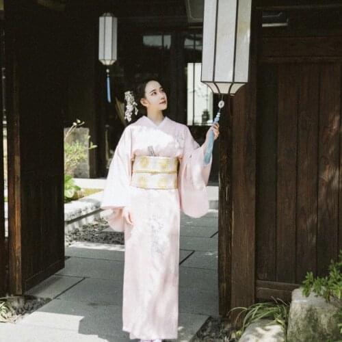 2019 SELLWORLDER Japanese Kimono Style yukata retro Girl pink dress Woman flower print Long Dress with handbag