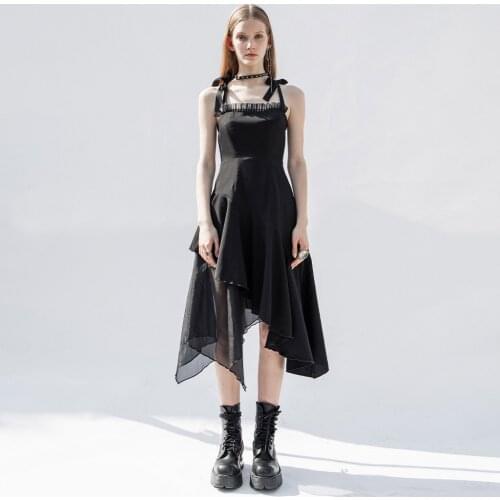 PUNKRAVE Womens Goth Elegant Sling Dress Irregular Lotus Leaf Edge Mesh Hem Party Stage Performance Dress