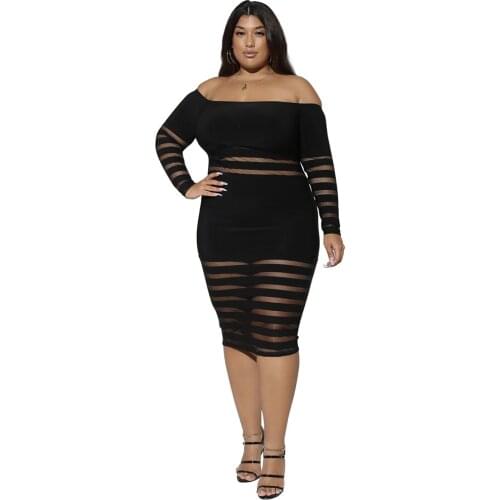 Plus Size L-5XL Summer Women Fashion Long Sleeve Transparent Mesh Slash Neck Off Shoulder Black Bodycon Ladies Night Club Dress