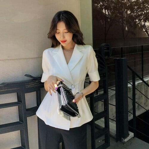 One Button Summer Office Jackets Women Notched Short Sleeve Casual Elegant Korean Coats Thin Casual Jacket Coats 2021 C267