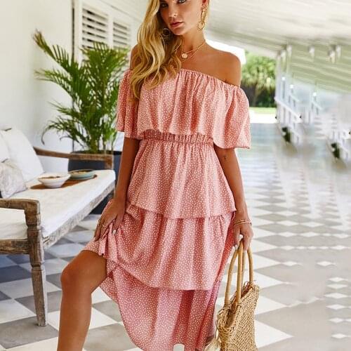 Sexy Off The Shoulder Vacation Dot Print Midi Dress Ruffles Women 2021 Summer Sleeveless Slash Neck Ladies White Elegant Dresses