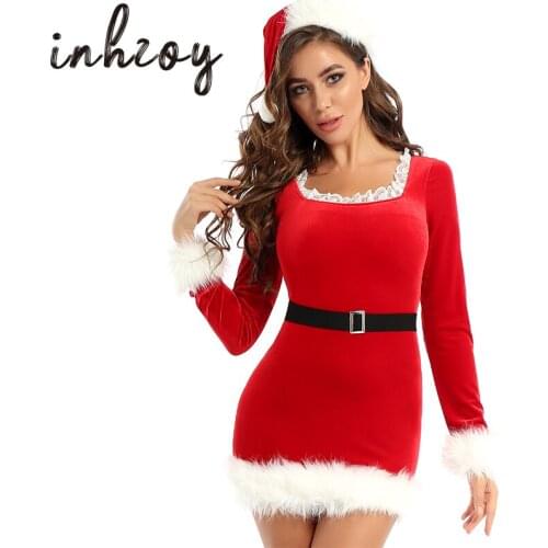 Women Christmas Dress with Belt and Hat Flannel Long Sleeve Faux Fur Trim Xmas Cosplay Rave Party Santa Mrs. Claus Elf Costume
