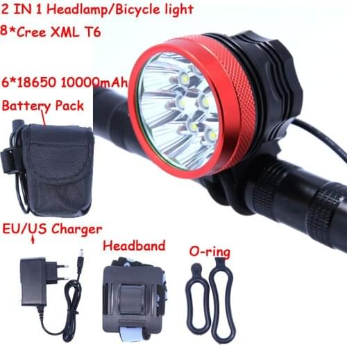 2 in 1 8T6 12000LM 8 x XM-L T6 LED Headlamp Headlight Bicycle Light 3 modes with 8.4v 10000mAh Battery Pack + Charger