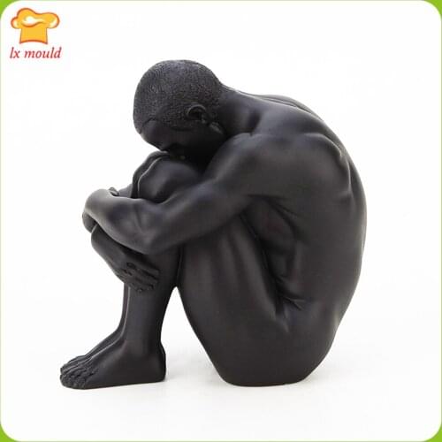 2021 Hot Sale Human Body Silicone Mold Art Male Sitting Posture Holding Legs Birthday Gift Home Decoration Candle Plaster Mould