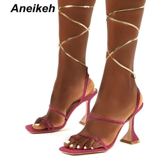 Aneikeh New 2021 Fashion Women Shoes Spike Heels Open Party Cross-Tied Riband PU Gladiator Lace-Up Back Strap Solid Pink Gold