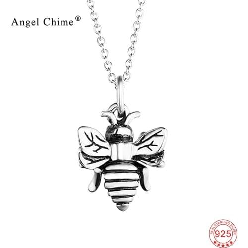 Antique Silver Hardworking Honey Bee 925 Sterling Silver Pendant Statement Necklace Women Fashion Jewelry Collier Kolye